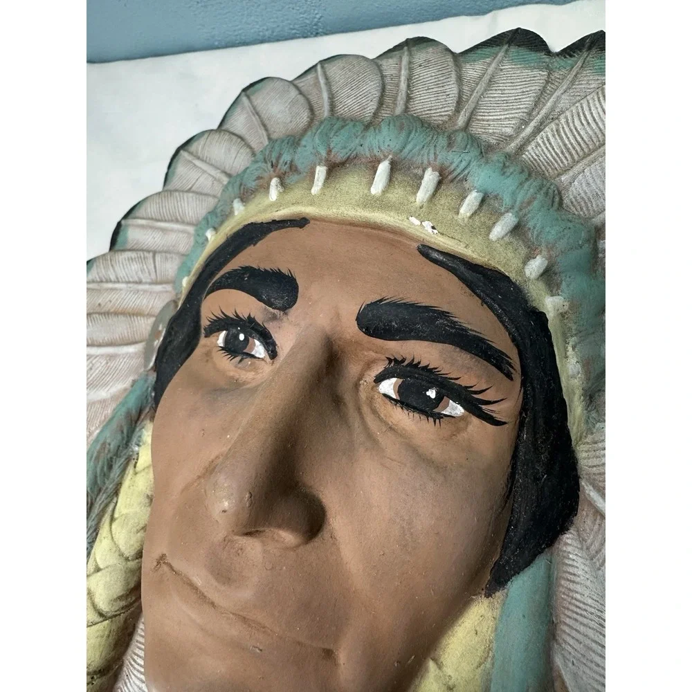 Vintage Native American Indian Plaque Ceramic Art Hand Painted Chief Chipped